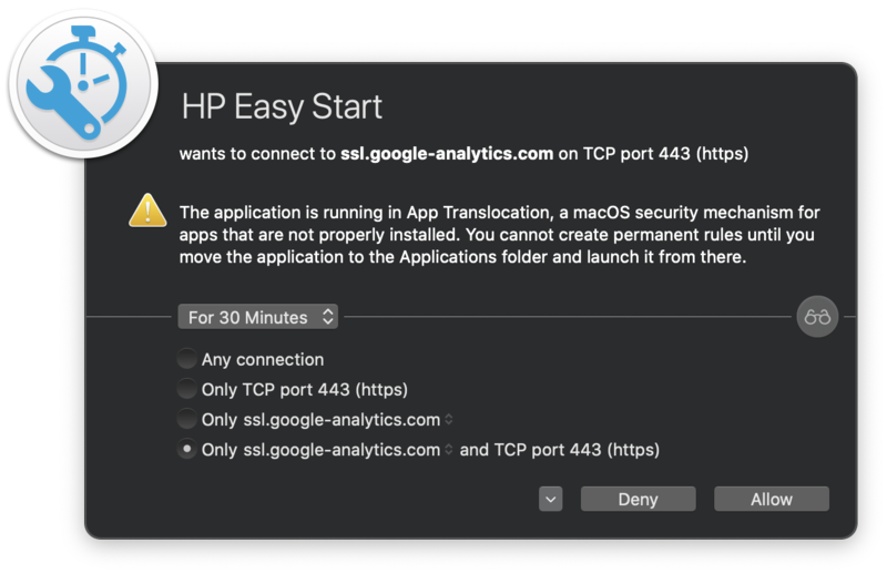 Little Snitch alert for HP Easy Start